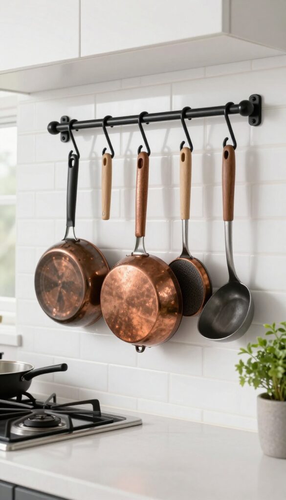 Wall-mounted pot rack rail with copper pots and cast-iron skillets above a stove in a bright kitchen