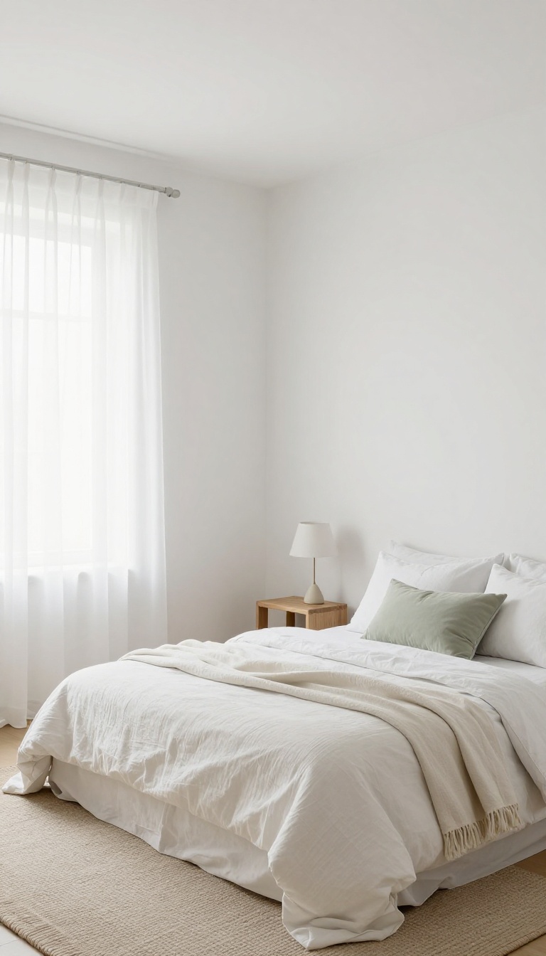 Small guest bedroom with light and airy color palette, soft white walls, pale sage accents, and natural light