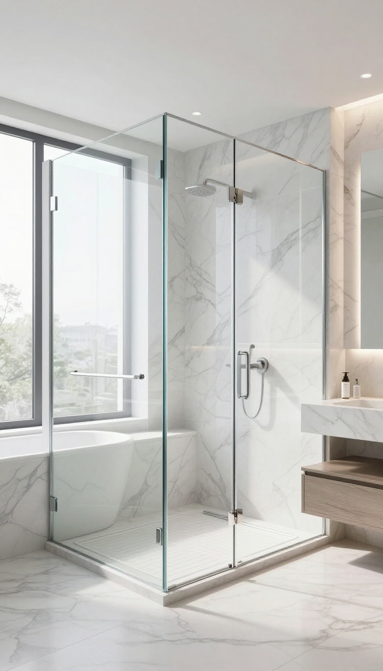 Spacious bathroom with a frameless glass shower enclosure, showcasing an open, airy design with marble tiles and natural light.
