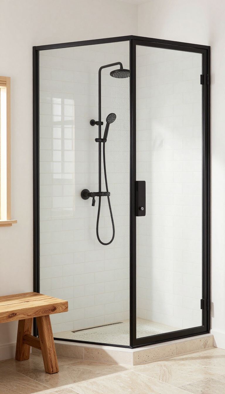 Modern farmhouse shower with matte black fixtures and white subway tile