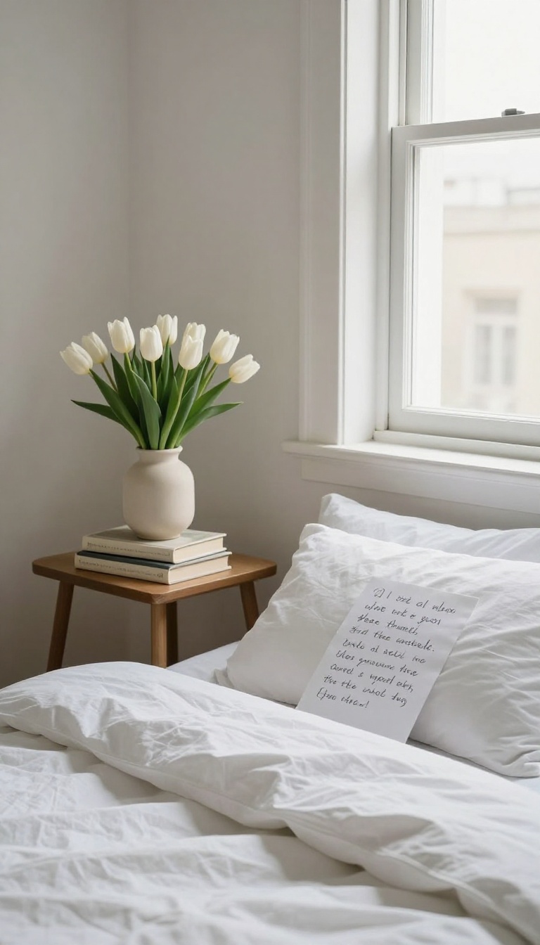Guest room with fresh flowers, books, and a handwritten note on the bed