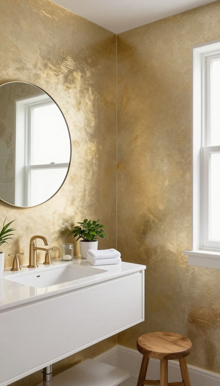 Guest bathroom with metallic gold wallpaper accent wall, white vanity, and natural light