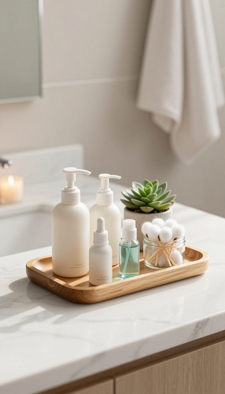Decorative tray with travel-size toiletries, succulent, and candle on a marble bathroom countertop