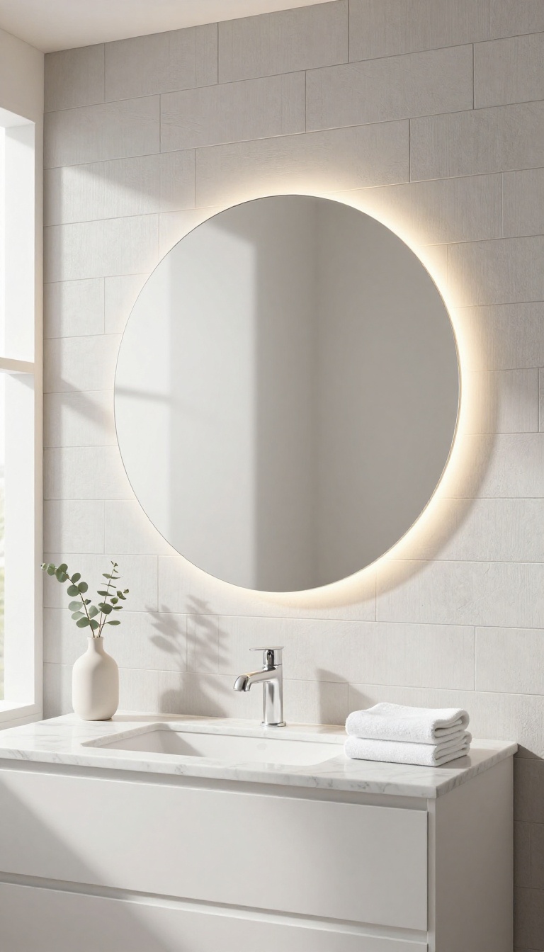Modern guest bathroom with a glowing round backlit mirror above a white vanity with marble countertop and eucalyptus in a vase.