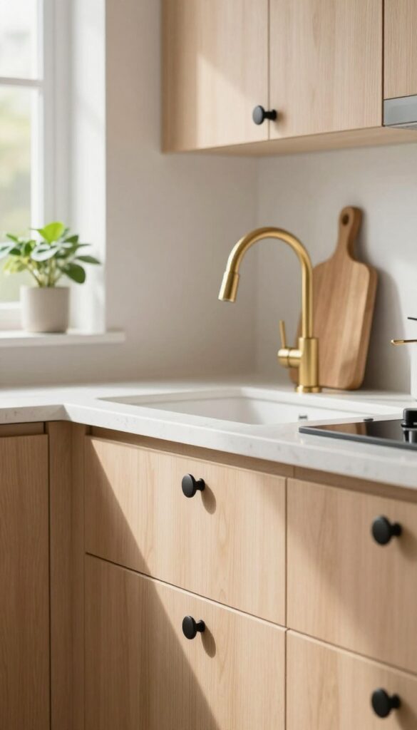 Light oak kitchen cabinets with matte black knobs, white countertop, and brushed gold faucet in natural light.