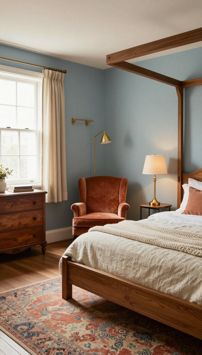Cozy vintage basement guest bedroom with antique furniture, warm tones, and layered lighting