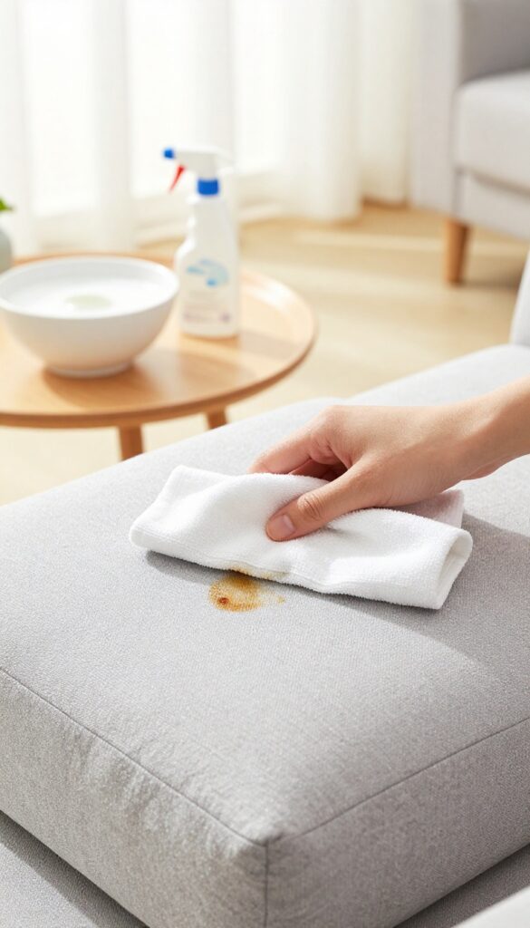 Hand blotting a coffee stain on a gray couch cushion with a white cloth