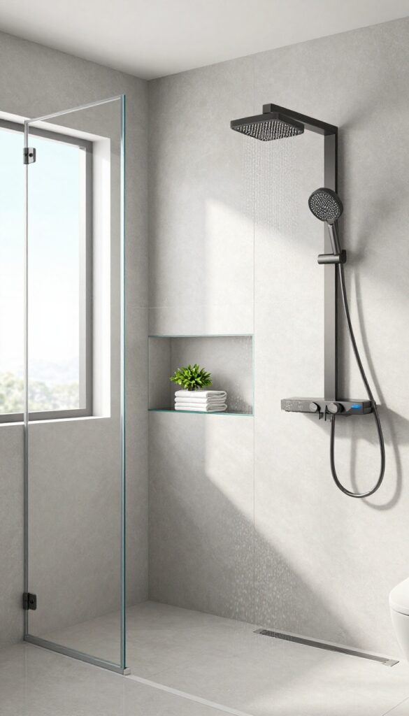 Modern smart shower with dual rainfall heads and digital controls in a bright bathroom