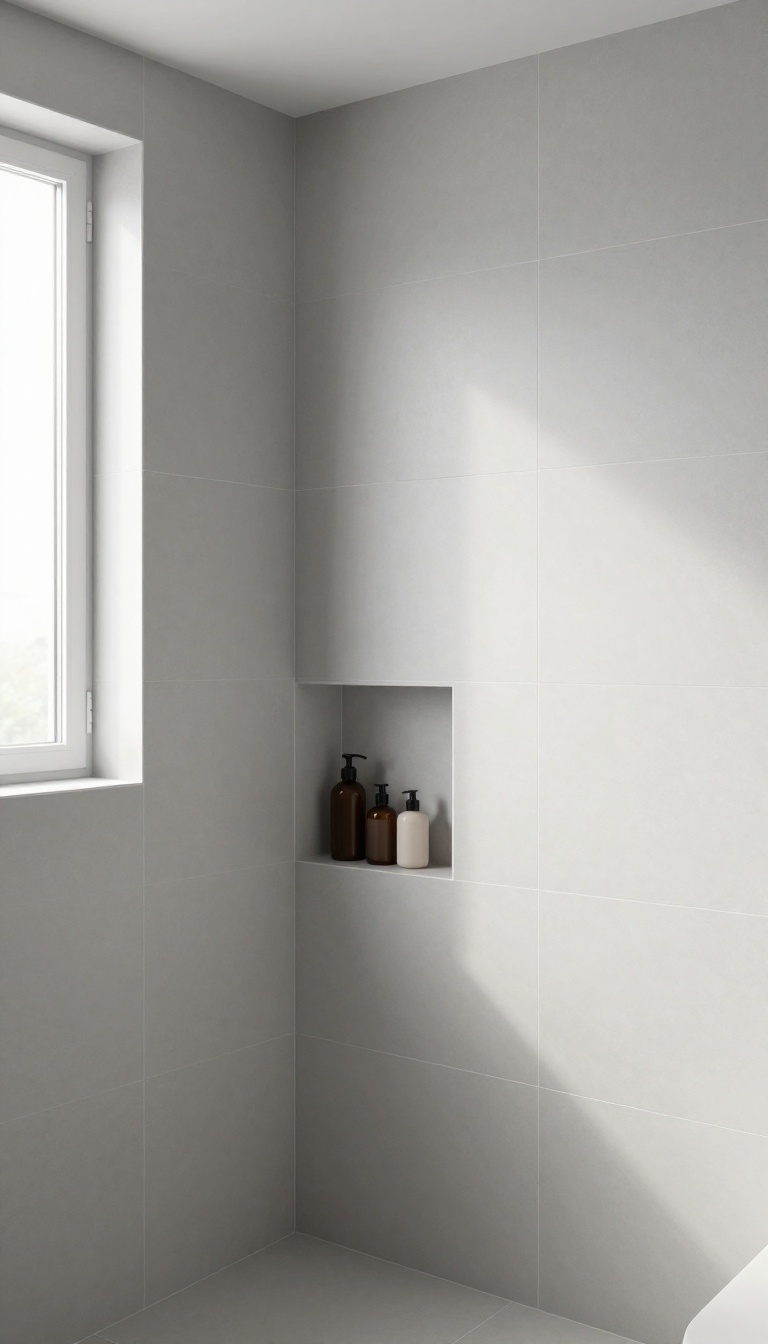 Built-in shower niche in a small bathroom with a shower over bath