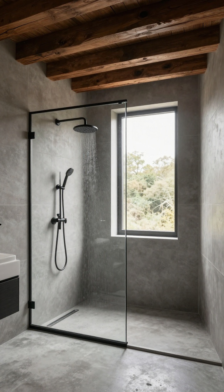 Modern shower with exposed wooden beams on the ceiling, concrete floor, and matte black fixtures, bathed in natural light.