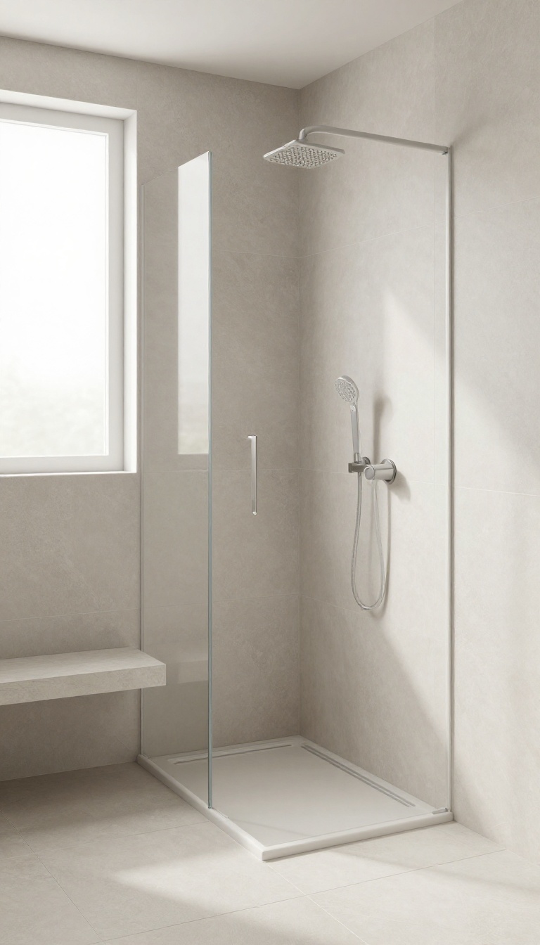 Wide doorless walk-in shower with bench and linear drain in a bright, modern bathroom