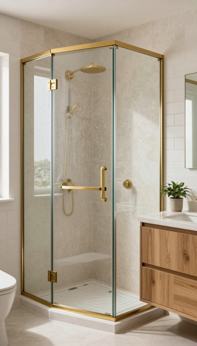 Modern bathroom with a glass shower screen featuring brass accents, light tiles, and natural wood vanity