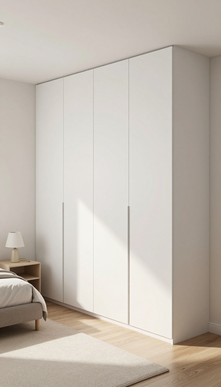Small bedroom with floor-to-ceiling white wardrobe, sliding doors, bright natural light, cozy and organized