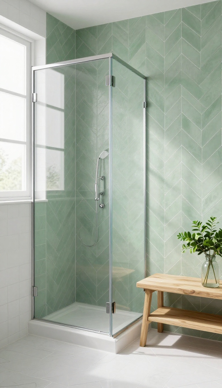 Modern bathroom shower with sage green herringbone tile accent wall and glass enclosure