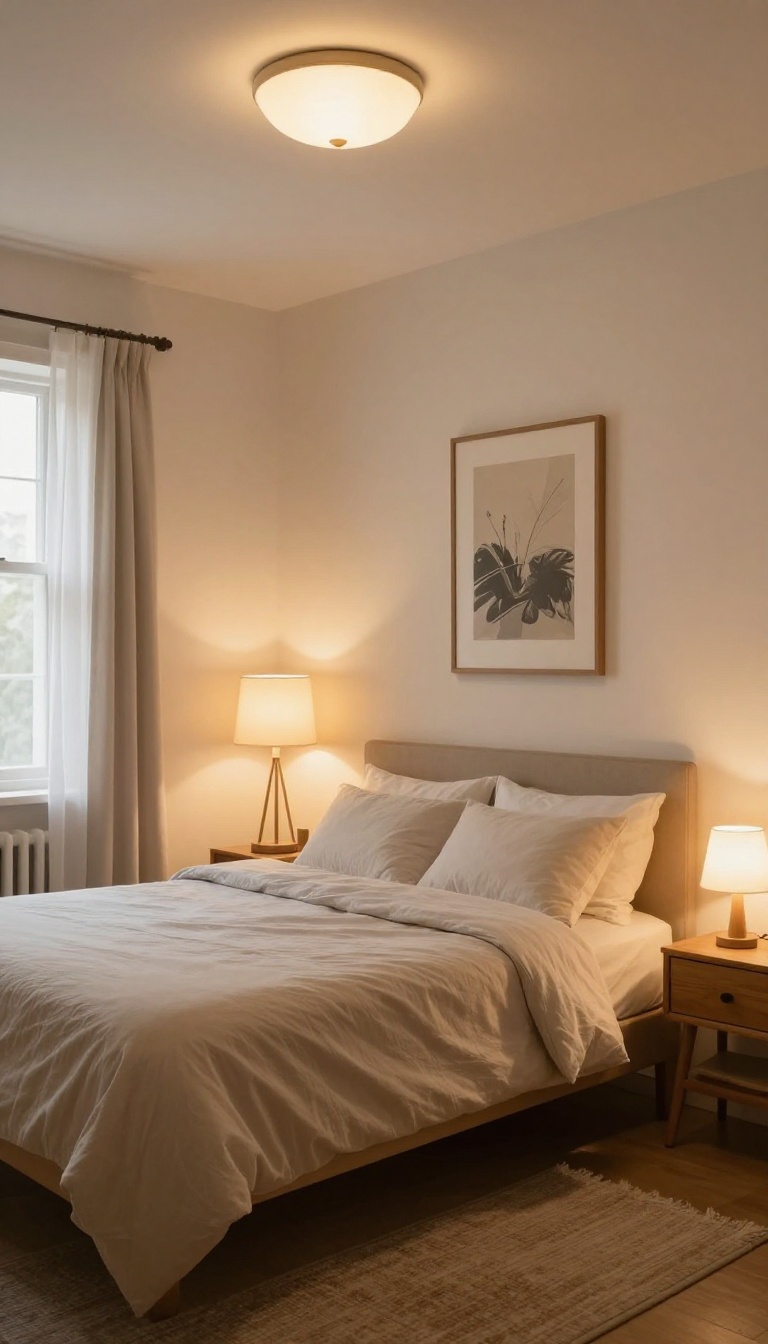 Guest house bedroom with layered ambient, task, and accent lighting for a cozy atmosphere