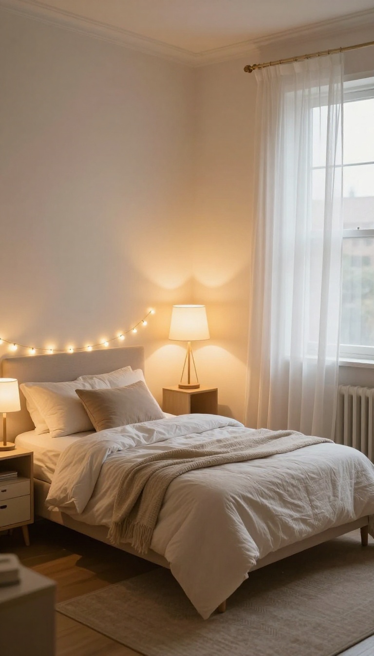 Cozy small bedroom with layered warm lighting from floor lamp, table lamp, and string lights, creating a soft, inviting atmosphere for slow evenings