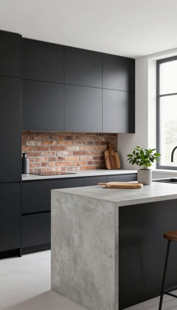 Black cabinets with concrete countertop and exposed brick wall in a bright, modern kitchen.