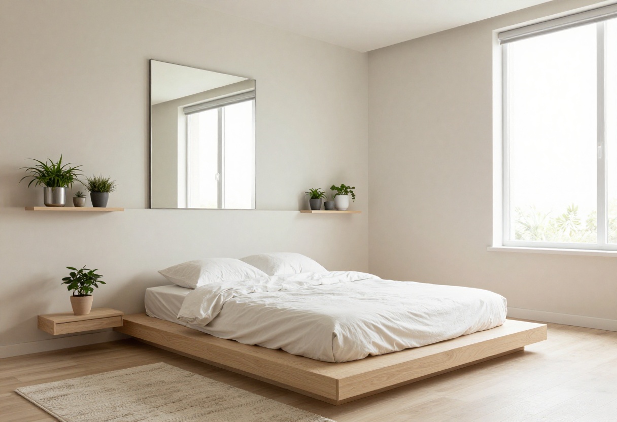 A polished small bedroom with a low bed, mirror, and floating shelves