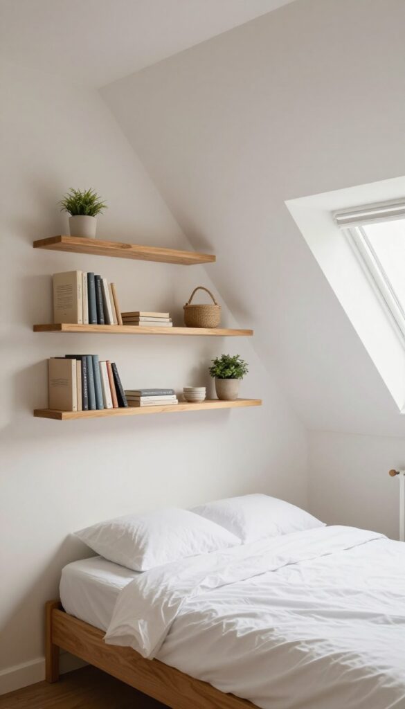 Floating shelves on a sloped ceiling in a small bedroom, with books and a plant, bright natural light