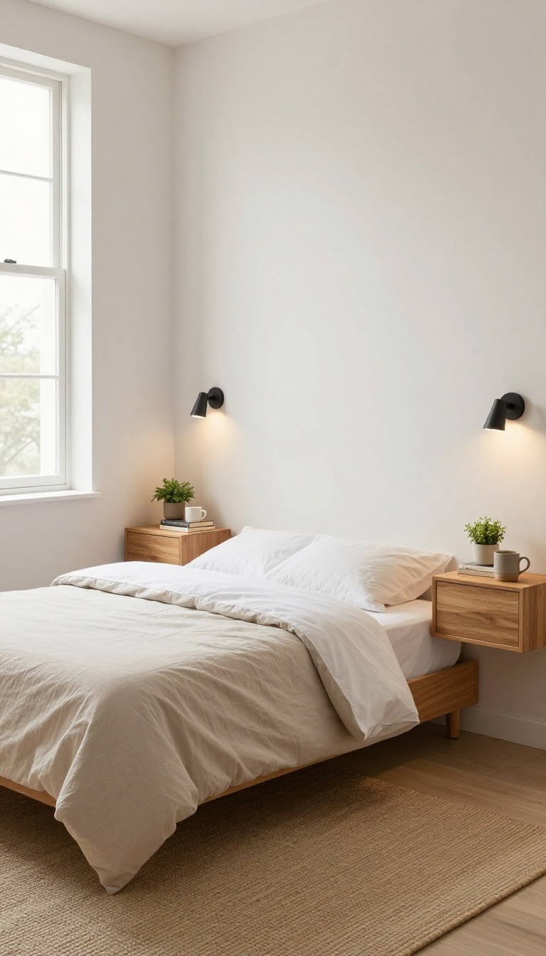 Small bedroom with wall-mounted nightstands for couples, featuring floating shelves and sconces.