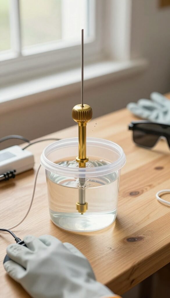 DIY electrolysis setup cleaning brass hardware with battery charger and plastic container