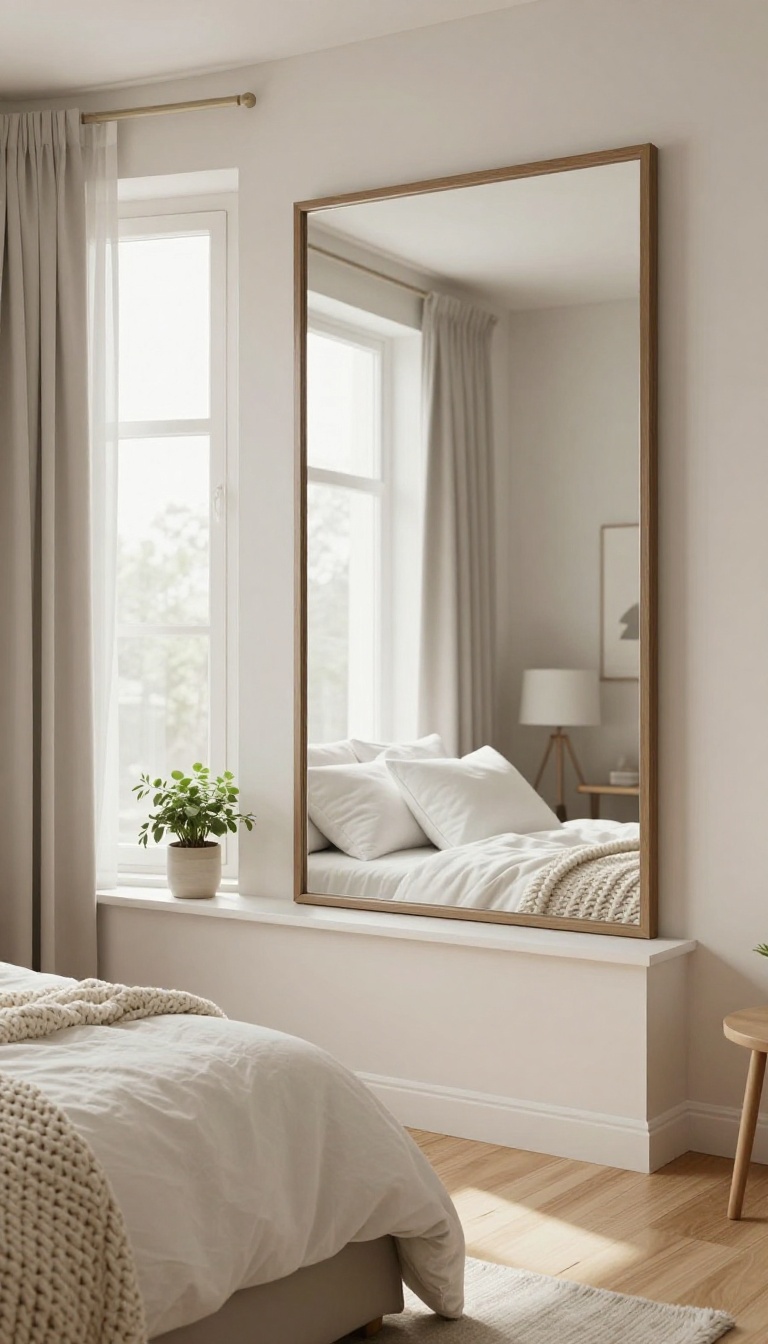 A small bedroom with a large mirror opposite a window, reflecting natural light to make the space feel larger and brighter.