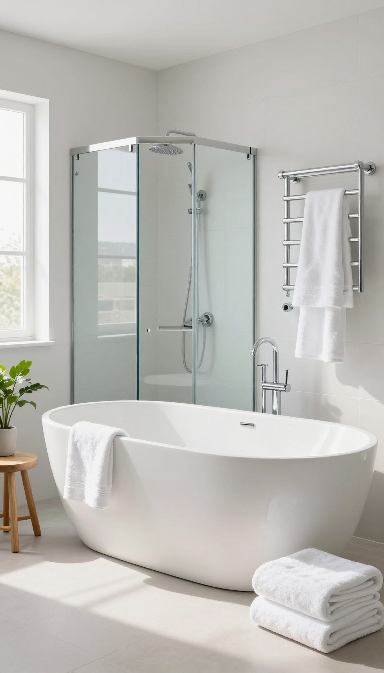Modern small bathroom with a heated towel rail near a shower and bathtub, holding a white towel and bathrobe.