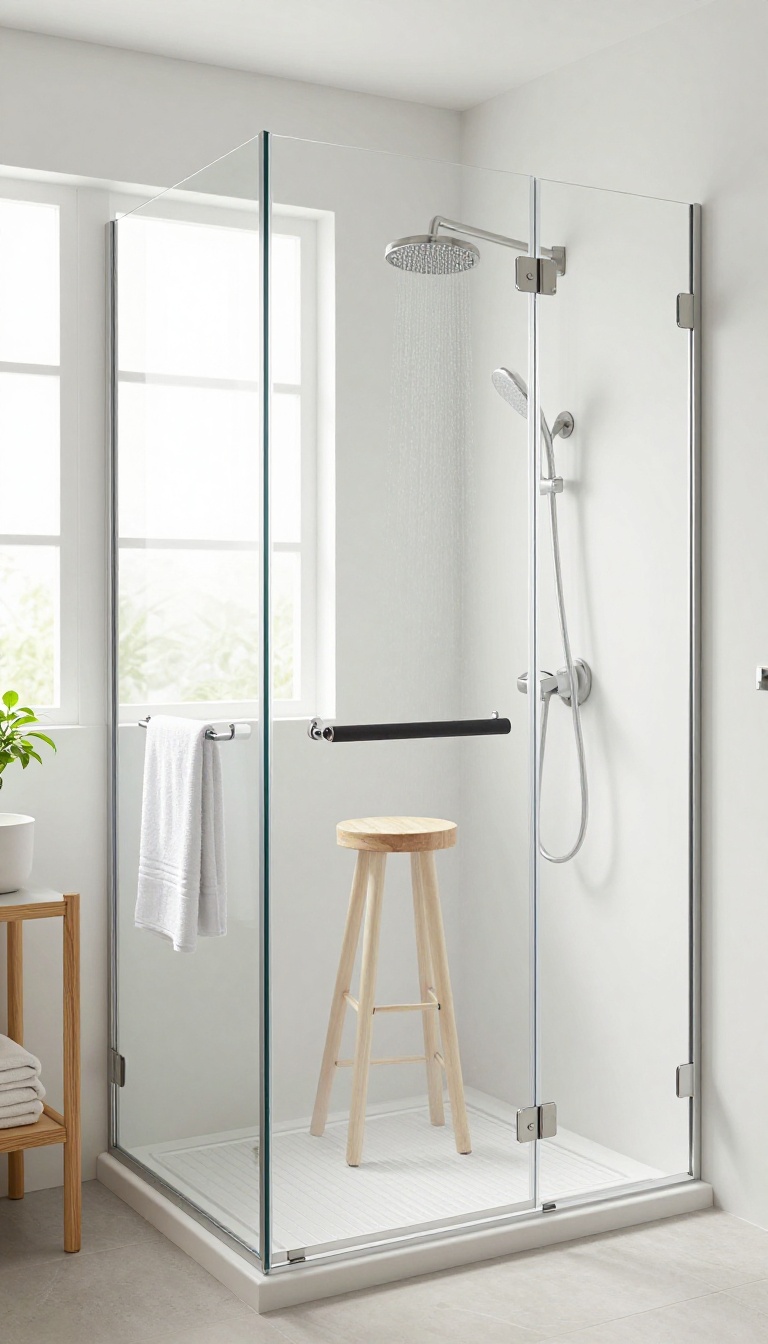 Teak shower stool with handles in a bright, modern walk-in shower