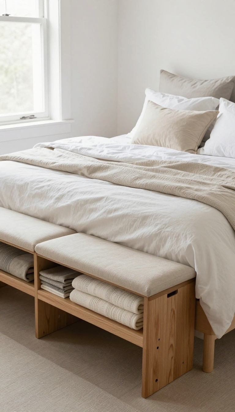 DIY upholstered storage bench at the foot of a bed in a bright, cozy small bedroom.
