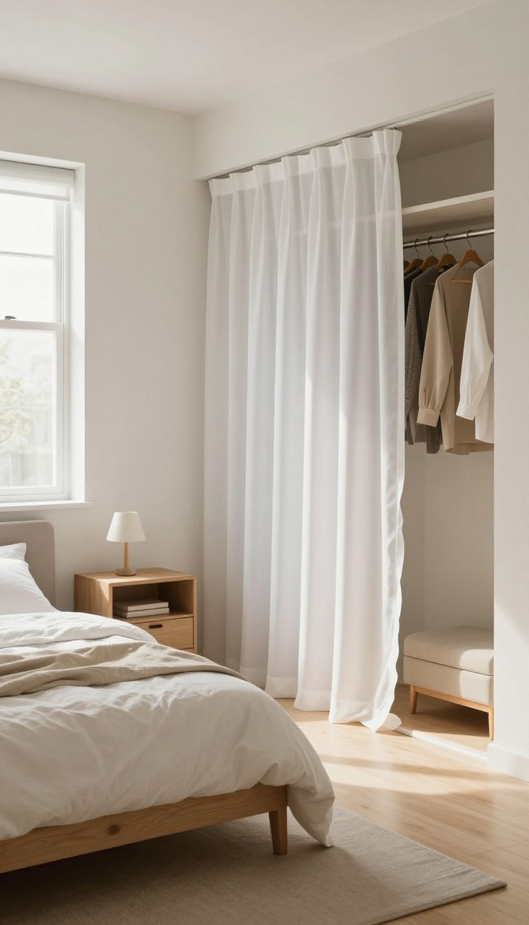 Small bedroom with a curtain covering the closet opening, revealing organized clothes and a bench, bright natural light