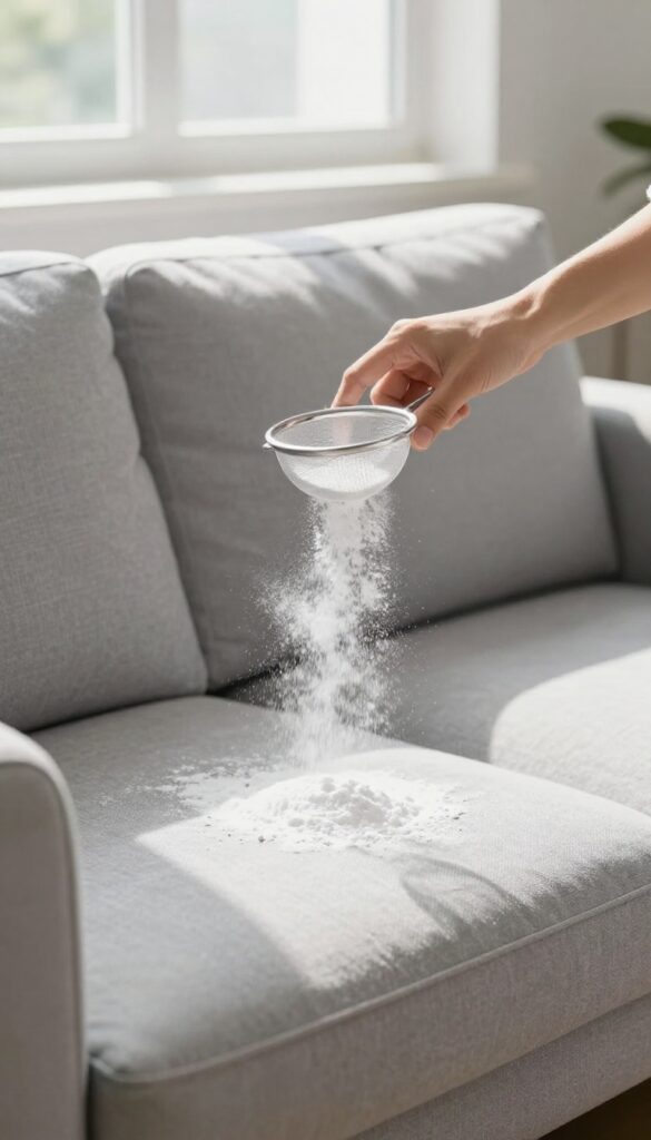 Hand sprinkling baking soda over a couch to deodorize it in a bright living room