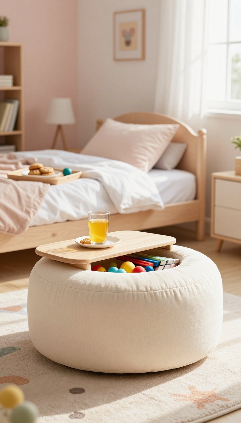 A child's bedroom featuring a multi-functional storage ottoman used as a seat, table, and toy storage.