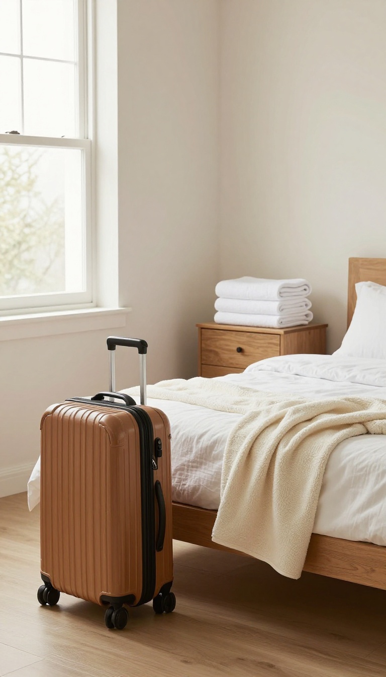 Guest bedroom with a wooden luggage rack at the foot of the bed, draped with a folded blanket and towels, near a dresser.