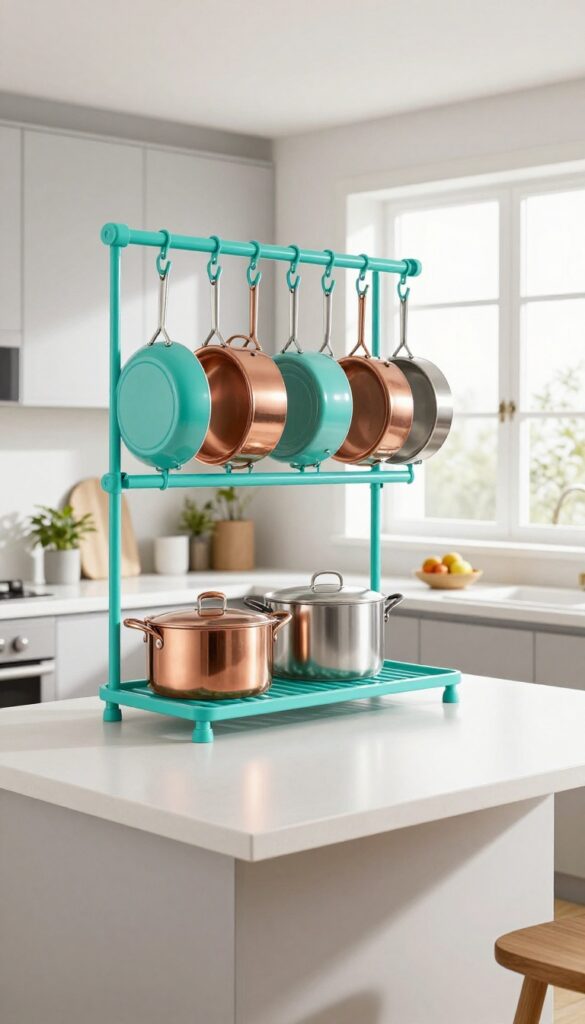 Turquoise pot rack over a kitchen island holding pots and pans in a bright, organized kitchen
