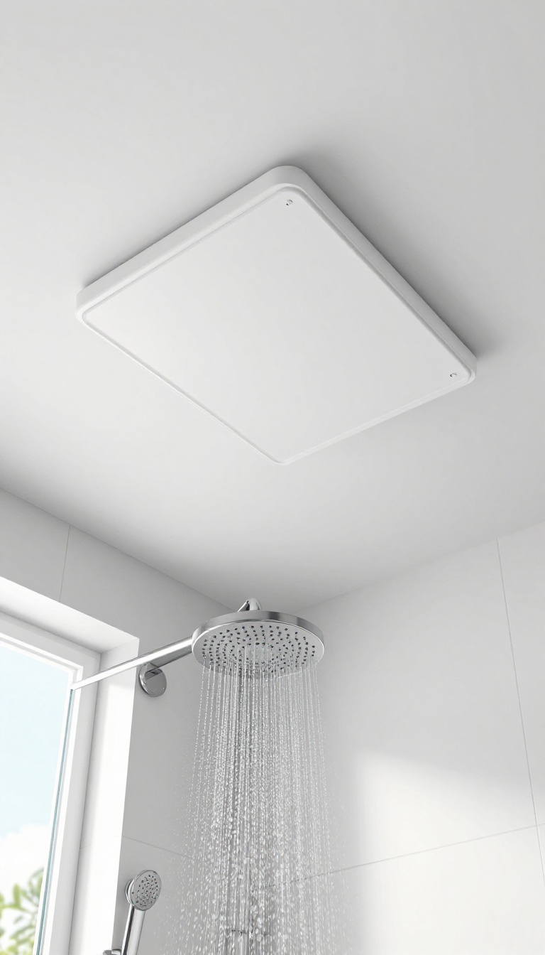 Modern shower ceiling with integrated hidden ventilation grille, seamlessly blended into the white ceiling, in a bright bathroom