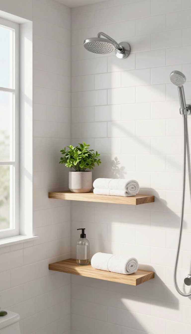 Floating shelves above a shower holding a plant, towel, and shampoo bottle in a bright, modern bathroom.