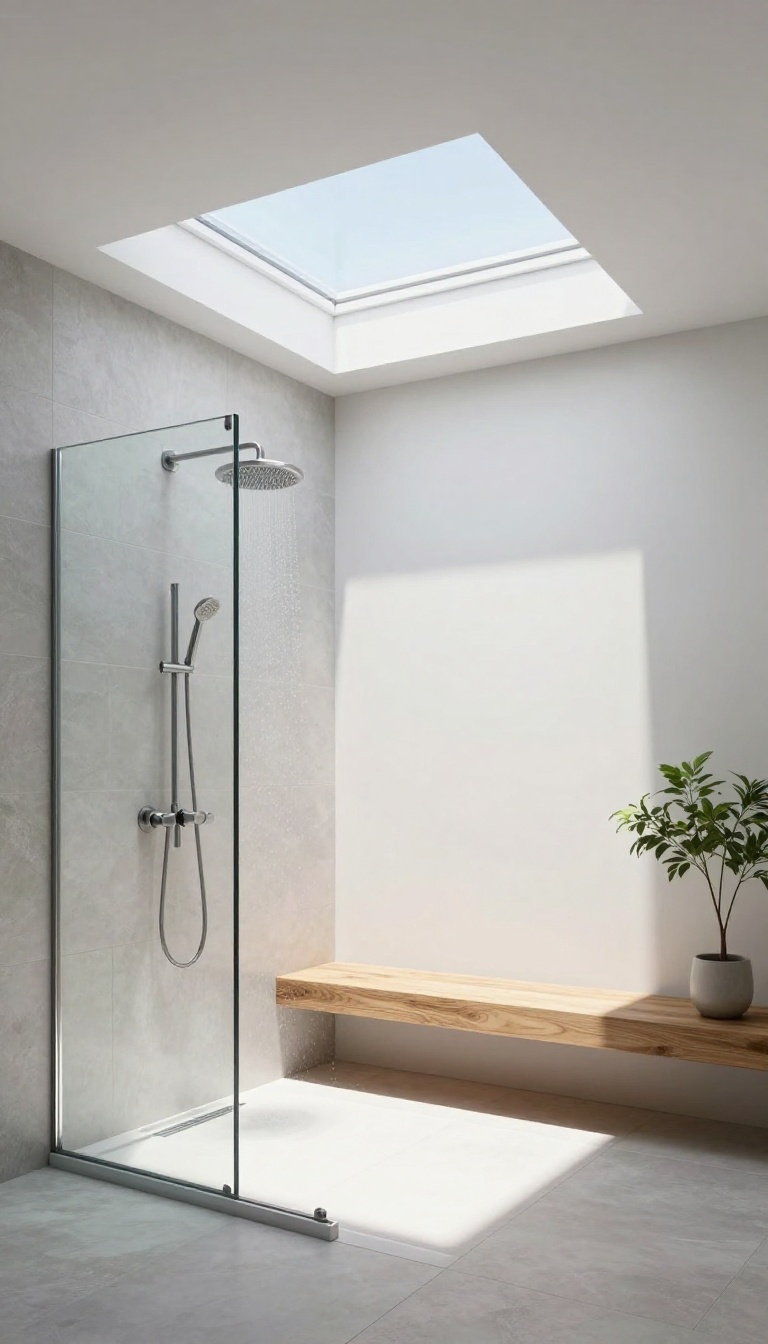 Modern shower-only bathroom with skylight natural light