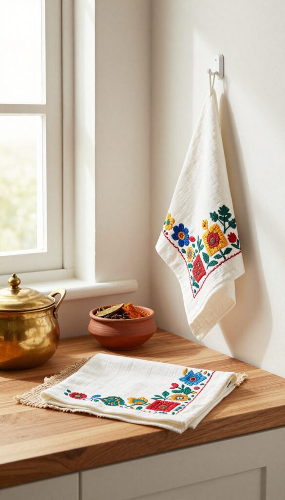 Traditional Indian kitchen with jute runner and cotton textiles