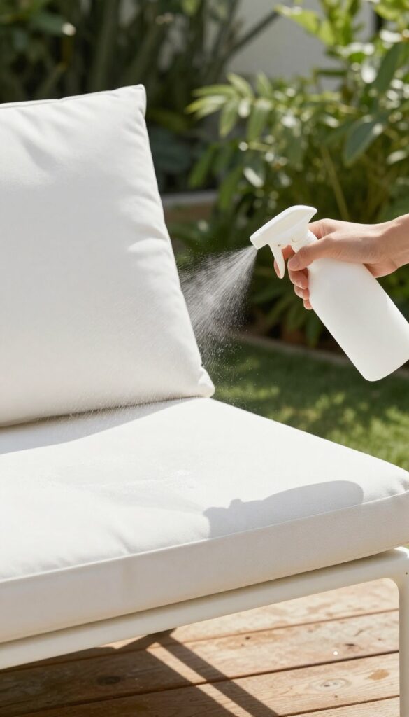 Spraying a vinegar and water solution on a white outdoor cushion to clean mold and dirt.