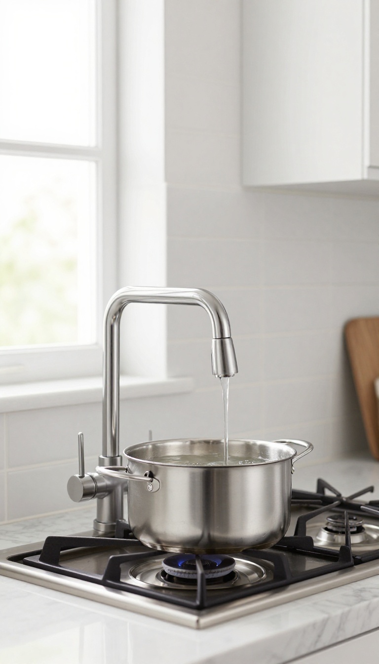 Pot filler faucet over a gas stove filling a pot with water in a bright, modern kitchen