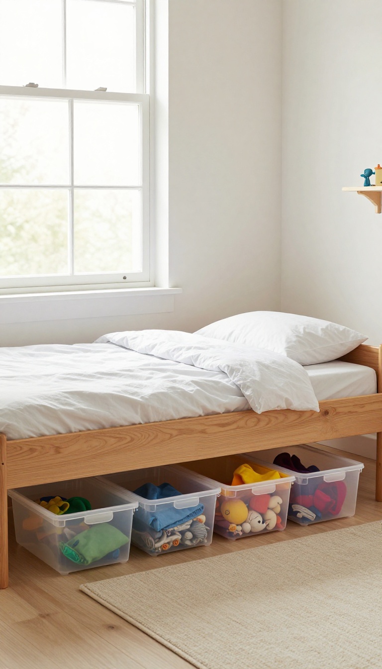 Under-bed storage bins in a boy's bedroom, neatly organized with clear bins and colorful lids.