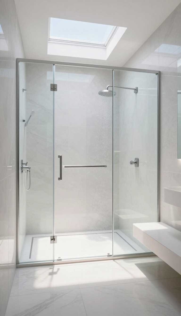 Walk-in shower with skylight and glossy reflective tiles