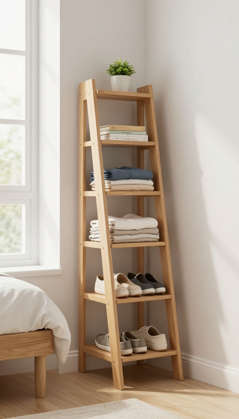 Tall corner shelf for vertical storage in a small bedroom