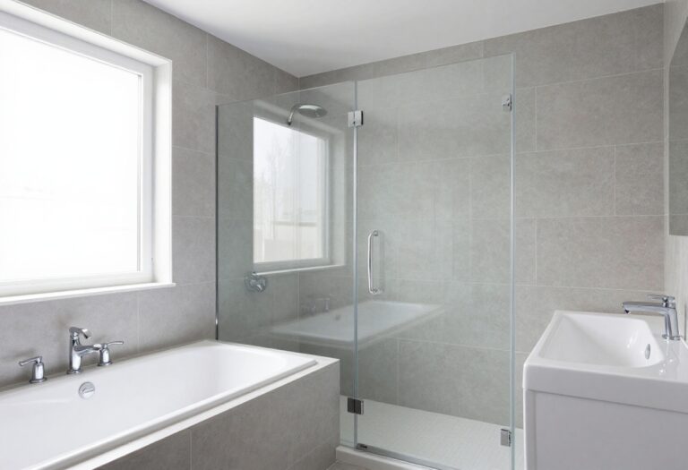 Modern tub-shower combo with large gray porcelain tiles and glass door