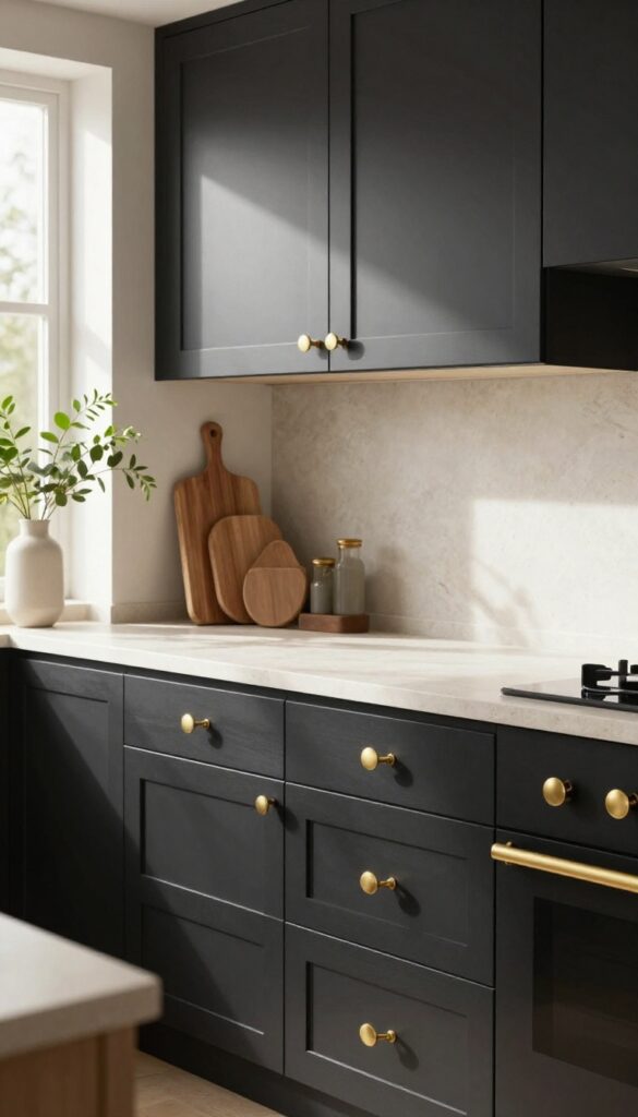 Black kitchen cabinets with brass hardware in a bright, modern kitchen