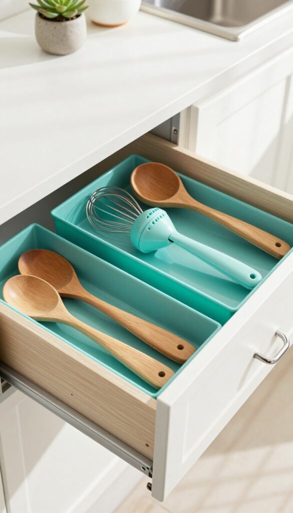 Open kitchen drawer with turquoise organizers neatly holding utensils, bright natural light