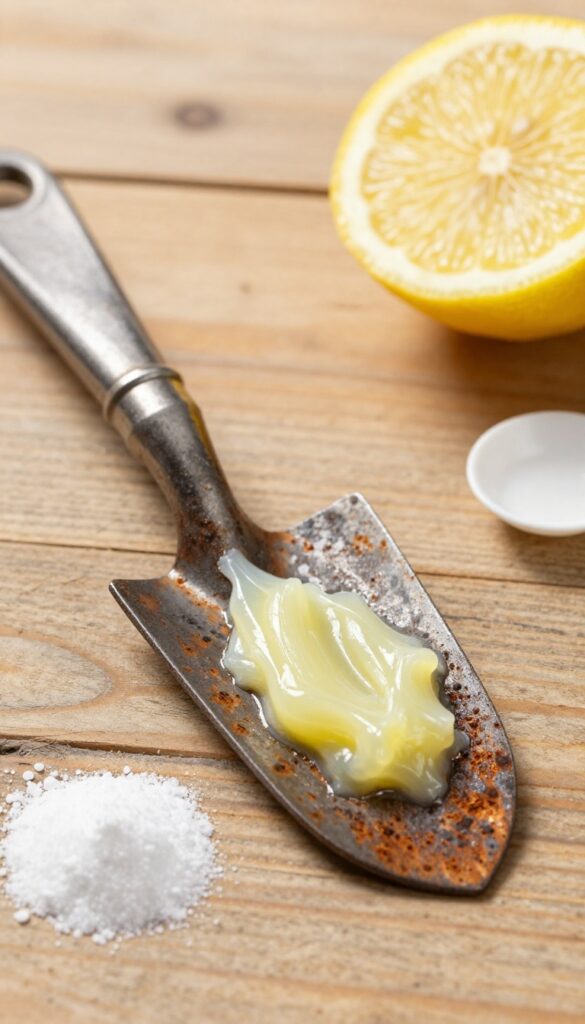 Close-up of a metal tool with rust being treated with a paste of lemon juice and salt, with a cut lemon and bowl of salt nearby on a wooden table.