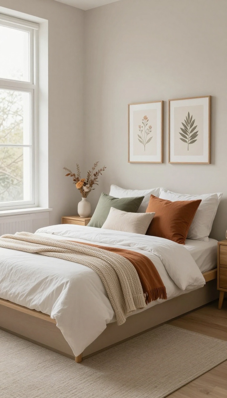 Neutral small couple's bedroom with colorful accent pillows and art in natural light.