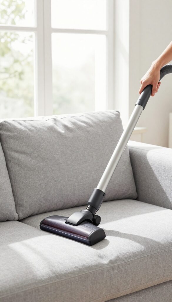 Person vacuuming couch cushion with upholstery attachment in bright living room