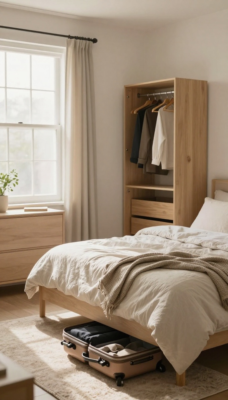 Guest bedroom with luggage rack, open closet with hangers, and dresser with empty drawers, inviting guests to unpack and relax.